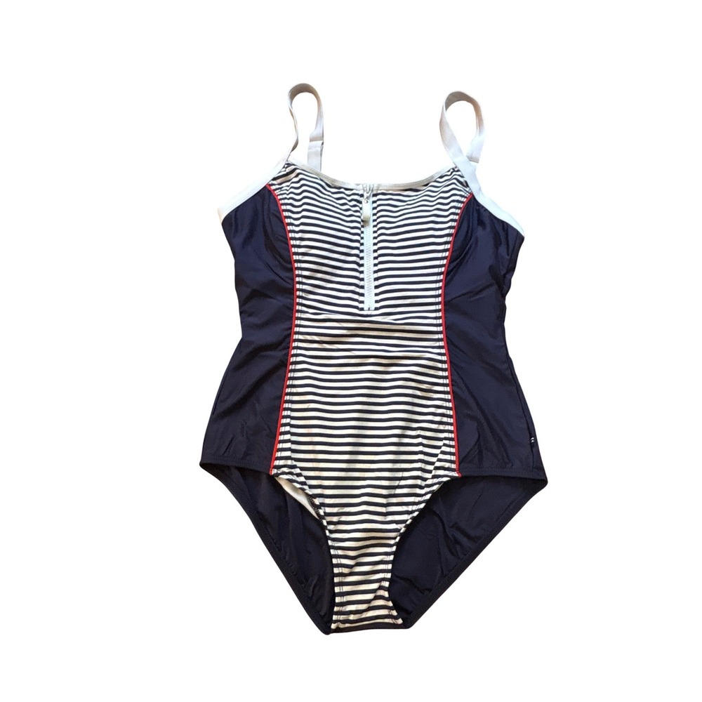 Nautica One Piece Swimsuit‎ Women Navy Blue Striped Zip Front SIZE 8